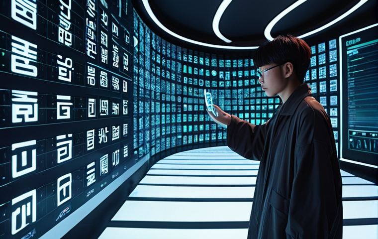 A futuristic designer interacts with a holographic interface, where Hangeul characters fluidly morph in real-time (variable fonts). Dynamic data streams and subtle AI neural networks glow around the typography, illustrating advanced font generation and optimization. High-tech, minimalist studio background.