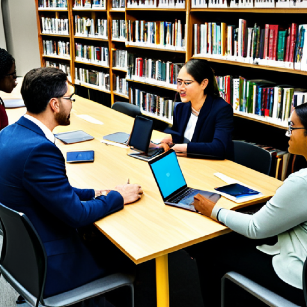 **

"A group of people from diverse backgrounds engaged in a lively conversation, gathered around a table filled with books and digital devices, modern library setting, fully clothed, appropriate attire, safe for work, professional environment, well-formed hands, proper finger count, natural body proportions, family-friendly"

**