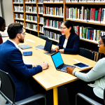 **

"A group of people from diverse backgrounds engaged in a lively conversation, gathered around a table filled with books and digital devices, modern library setting, fully clothed, appropriate attire, safe for work, professional environment, well-formed hands, proper finger count, natural body proportions, family-friendly"

**