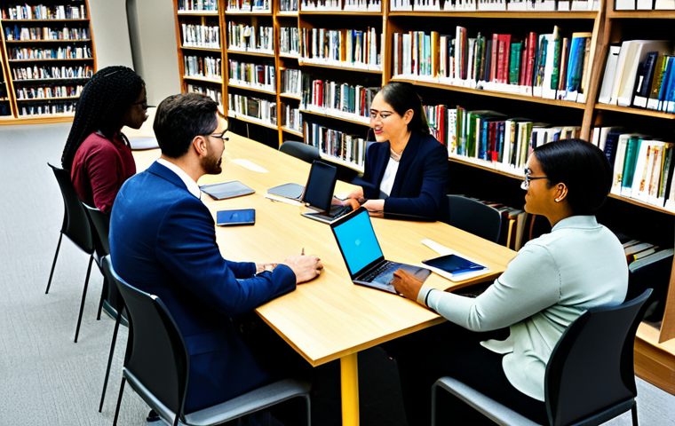 **
"A group of people from diverse backgrounds engaged in a lively conversation, gathered around a table filled with books and digital devices, modern library setting, fully clothed, appropriate attire, safe for work, professional environment, well-formed hands, proper finger count, natural body proportions, family-friendly"
**