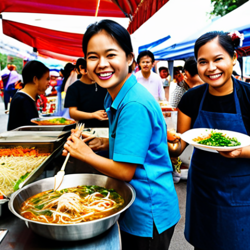 Home 13 **Prompt:** A vibrant street food market scene at a multicultural festival, featuring diverse food stalls with Vietnamese pho, Thai pad thai, and Turkish kebabs, fully clothed vendors smiling and serving customers, appropriate content, safe for work, professional food photography, perfect anatomy, correct proportions, well-formed hands, natural body proportions, family-friendly.