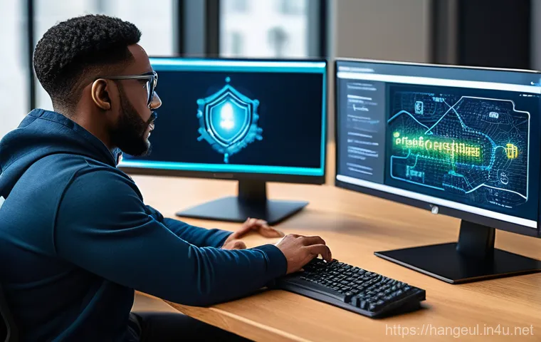 한글과 사이버 보안 - A futuristic, clean government server room or a high-tech data analysis center, filled with sleek ho...