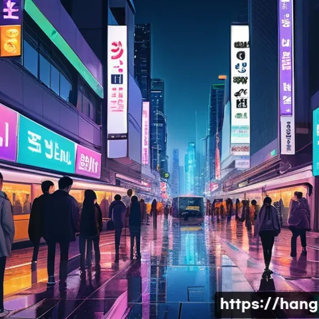 한글과 웹툰 - A bustling, futuristic cityscape at dusk, bathed in warm neon lights reflecting on wet streets. Dive...