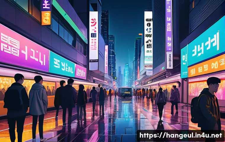 한글과 웹툰 - A bustling, futuristic cityscape at dusk, bathed in warm neon lights reflecting on wet streets. Dive...