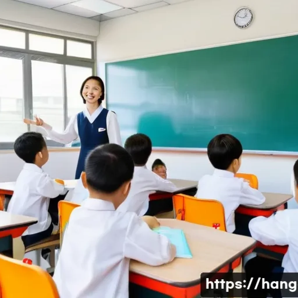 한글과 초등학교 교육 - **Prompt:** A vibrant elementary school classroom in South Korea. A kind female teacher, dressed pro...