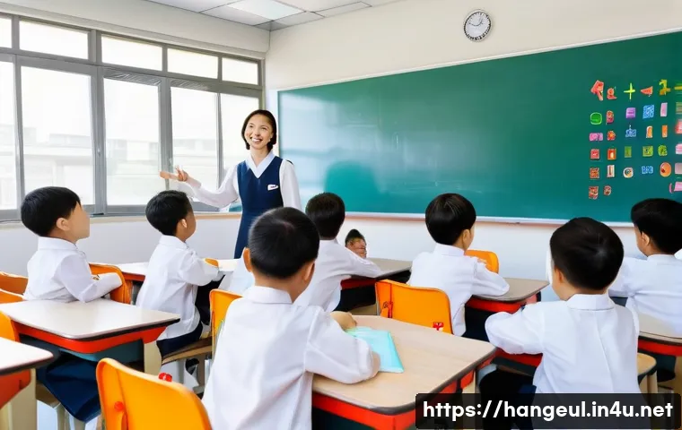 한글과 초등학교 교육 - **Prompt:** A vibrant elementary school classroom in South Korea. A kind female teacher, dressed pro...
