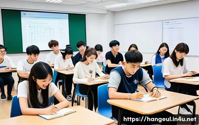 한글과 문화 예술 - **Prompt**: A vibrant and diverse group of young adults and teenagers from various ethnic background...