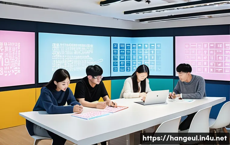 한글 네이밍 기법 - **Aesthetic Harmony of Hangeul Branding:**
    A vibrant, modern design studio where a diverse team ...