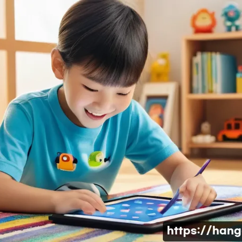 한글과 교육 기술 - **AI-Powered Personalized Learning for Children:**
A happy and engaged child, approximately 6 ye...