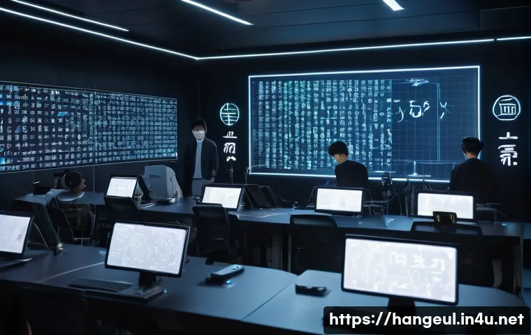 한글과 음성 데이터 처리 - A futuristic AI research lab scene showing a diverse group of scientists analyzing a large digital h...