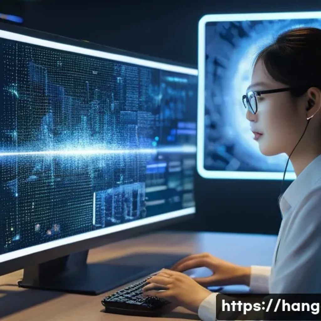 한글과 한국어의 미래 - A futuristic digital workspace featuring a sleek, transparent holographic interface displaying Hangu...