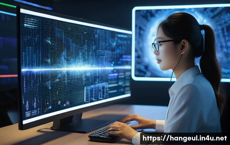 한글과 한국어의 미래 - A futuristic digital workspace featuring a sleek, transparent holographic interface displaying Hangu...