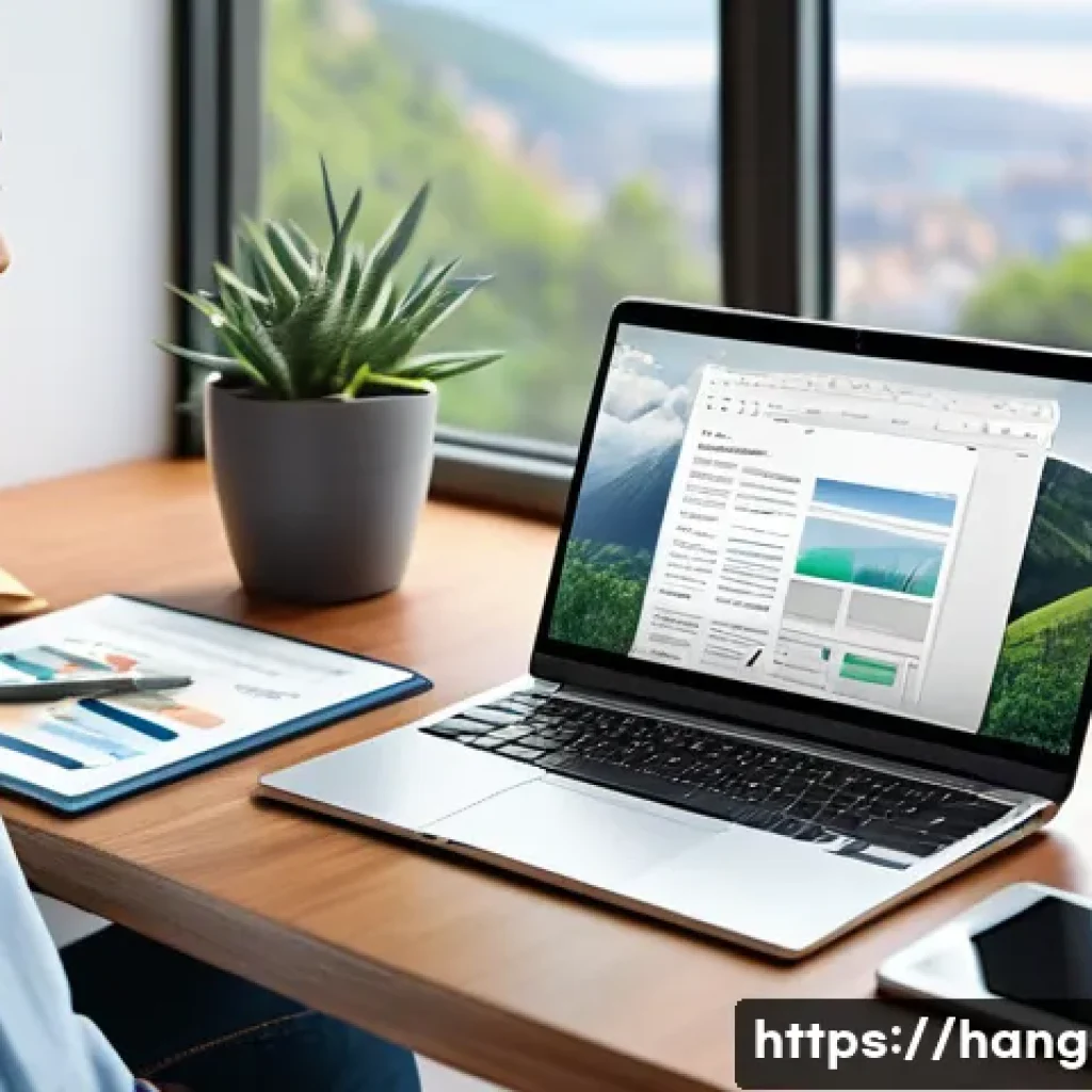 한글과 클라우드 서비스 - A modern, bright home office setup featuring a person working seamlessly on a laptop, tablet, and sm...