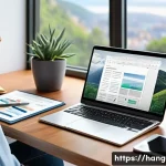 Home 22 한글과 클라우드 서비스 - A modern, bright home office setup featuring a person working seamlessly on a laptop, tablet, and sm...