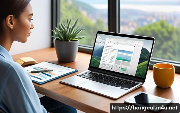 한글과 클라우드 서비스 - A modern, bright home office setup featuring a person working seamlessly on a laptop, tablet, and sm...