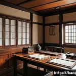 Home 21 한글 문학 작품 분석 - A detailed illustration of a traditional Korean writer's study room from the early 20th century, fea...