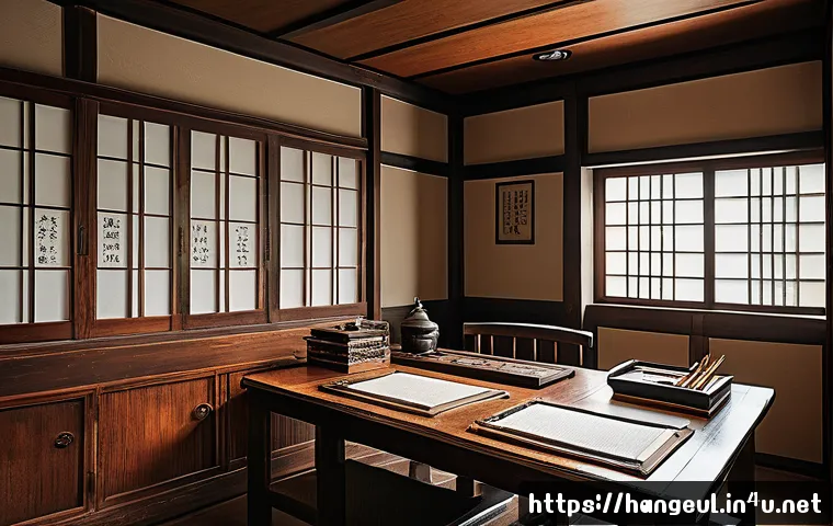 한글 문학 작품 분석 - A detailed illustration of a traditional Korean writer's study room from the early 20th century, fea...
