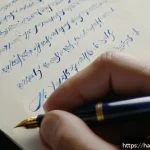 Home 18 한글 필기체 잘 쓰는 법 - A close-up image of a hand gracefully writing Korean cursive script with a fountain pen on high-qual...