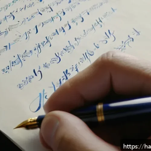 Home 30 한글 필기체 잘 쓰는 법 - A close-up image of a hand gracefully writing Korean cursive script with a fountain pen on high-qual...