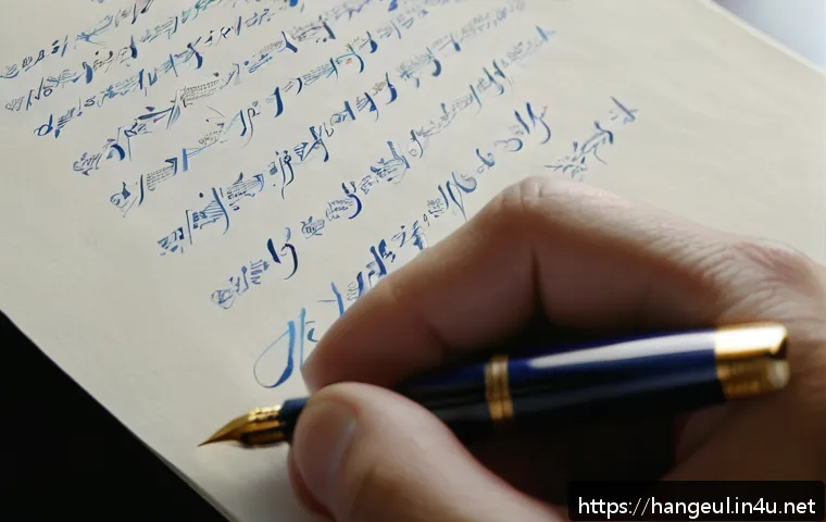 한글 필기체 잘 쓰는 법 - A close-up image of a hand gracefully writing Korean cursive script with a fountain pen on high-qual...