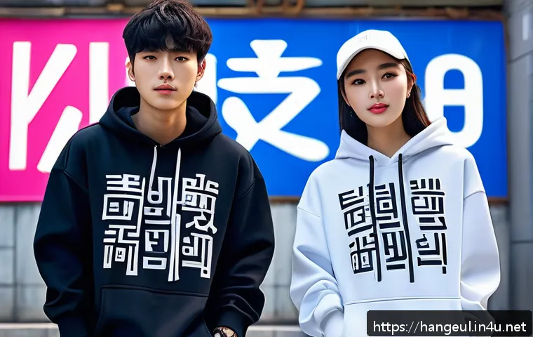 한글의 해외 홍보 사례 - A vibrant street fashion scene in a cosmopolitan city, featuring diverse young adults wearing stylis...